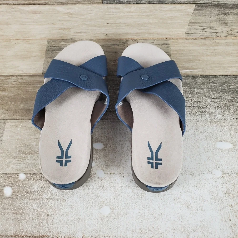Kuru Breeze Womens Slide Sandal Sz 8 W Mineral Blue Faded Brown Slip On Open Toe